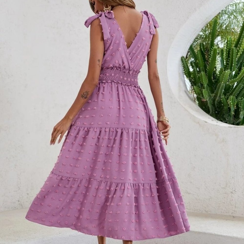 Swiss Dot Tie Shoulder V Neck Shirred Waist Dress purple - Picture 2 of 7